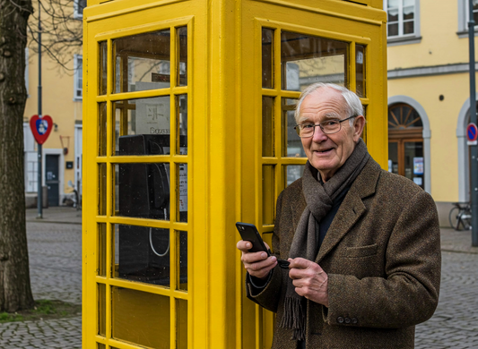 Rentner steht mit Seniorensmartphone vor Telefonzelle